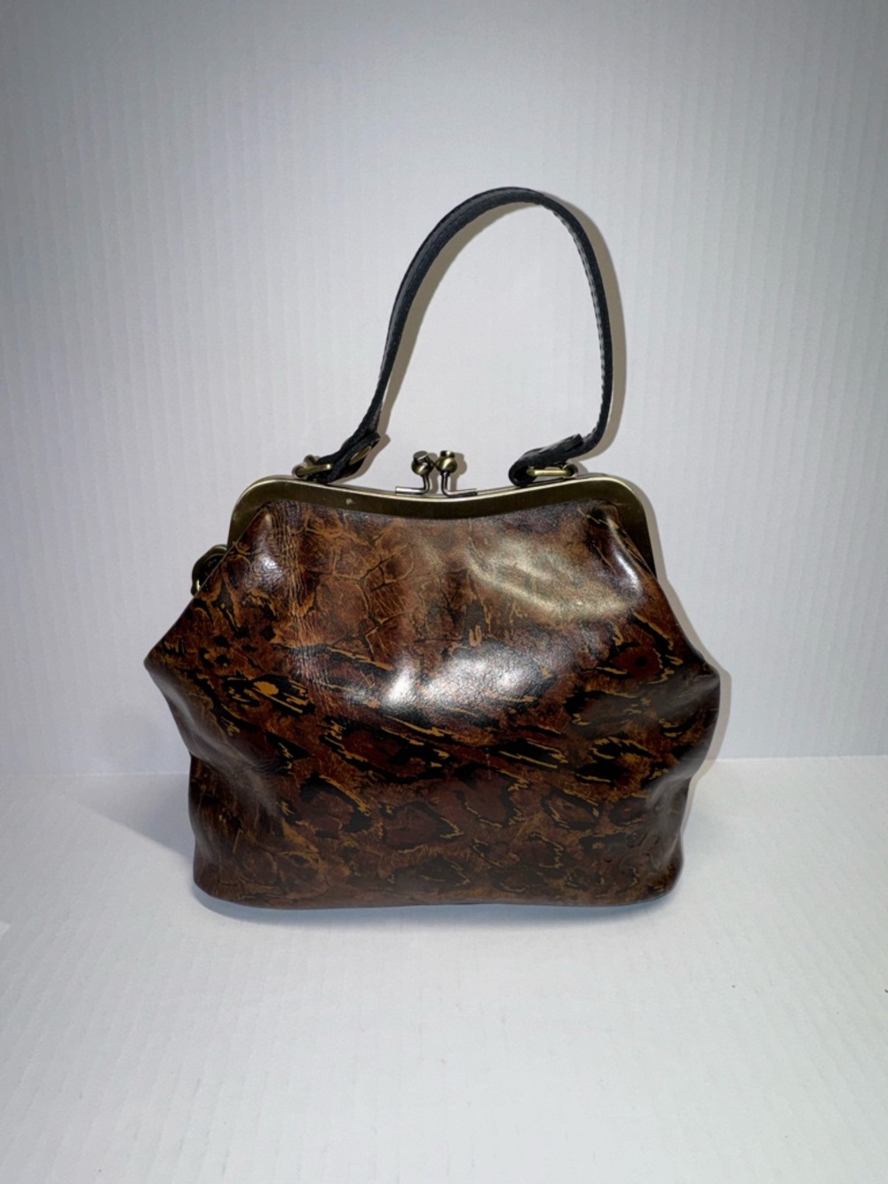Patricia Nash NIB Abstract Animal Print Brown Leather Kiss-Lock Handbag 10th Ann